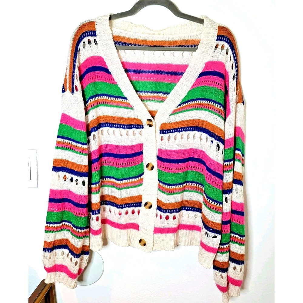 Button-Up Cardigan Colorful Stripe Shein Women's L Cutouts Slouchy Artsy Indie